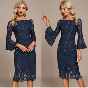 JJ's House Sheath Off the Shoulder Knee-Length Lace Evening Dress Navy Sequins